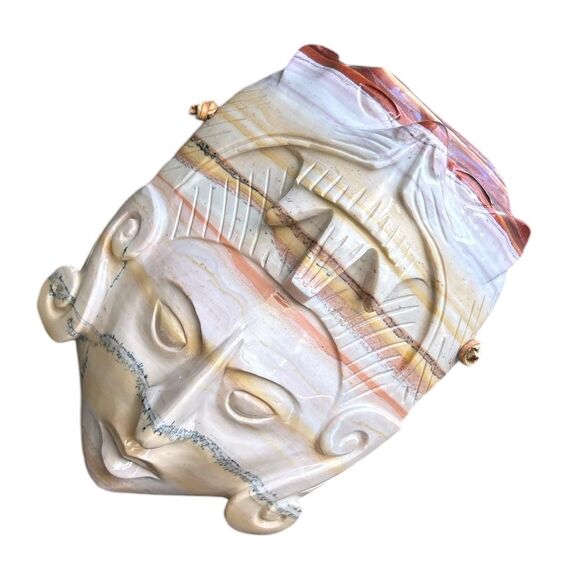 Hand Carved Cream Colored African Onyx Marble Style Wall Hanging Face Mask - Picture 3 of 6